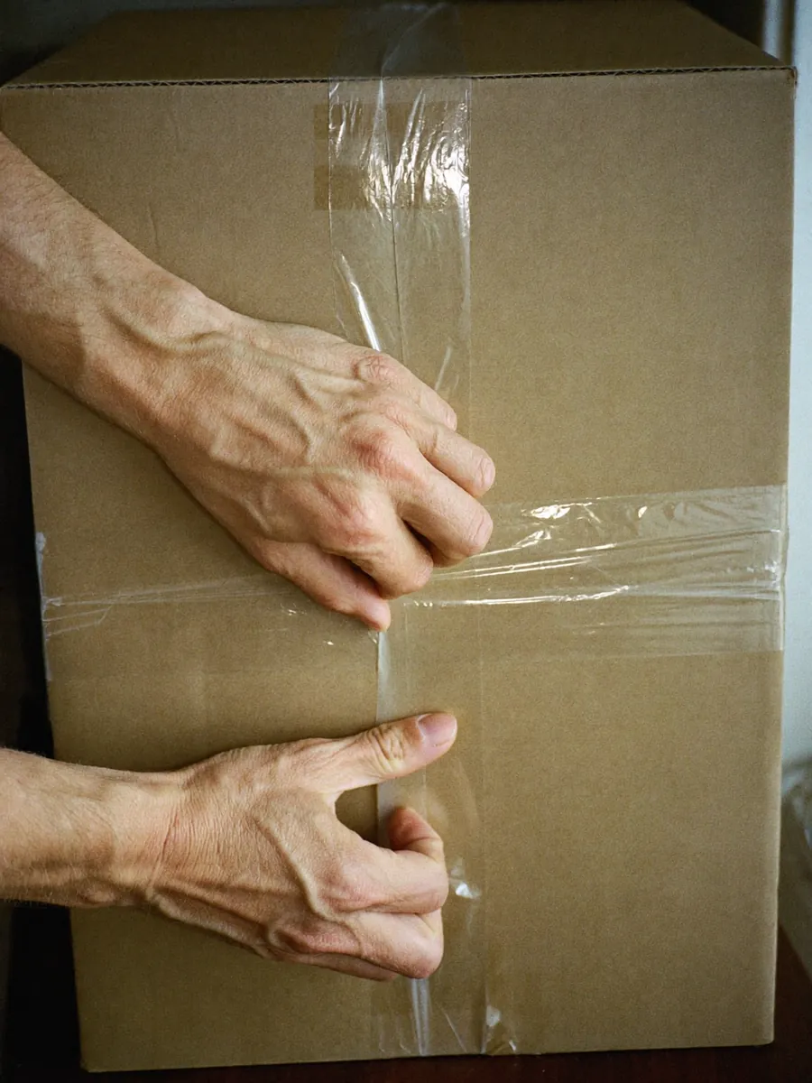 Deux mains ferment un carton avec du ruban adhésif